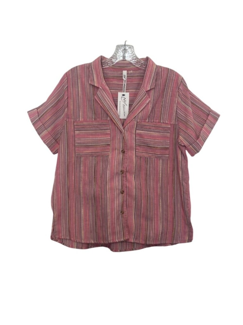 NY Collection Striped Button Up Shirt Small Pink New Front Pockets Short Sleeves